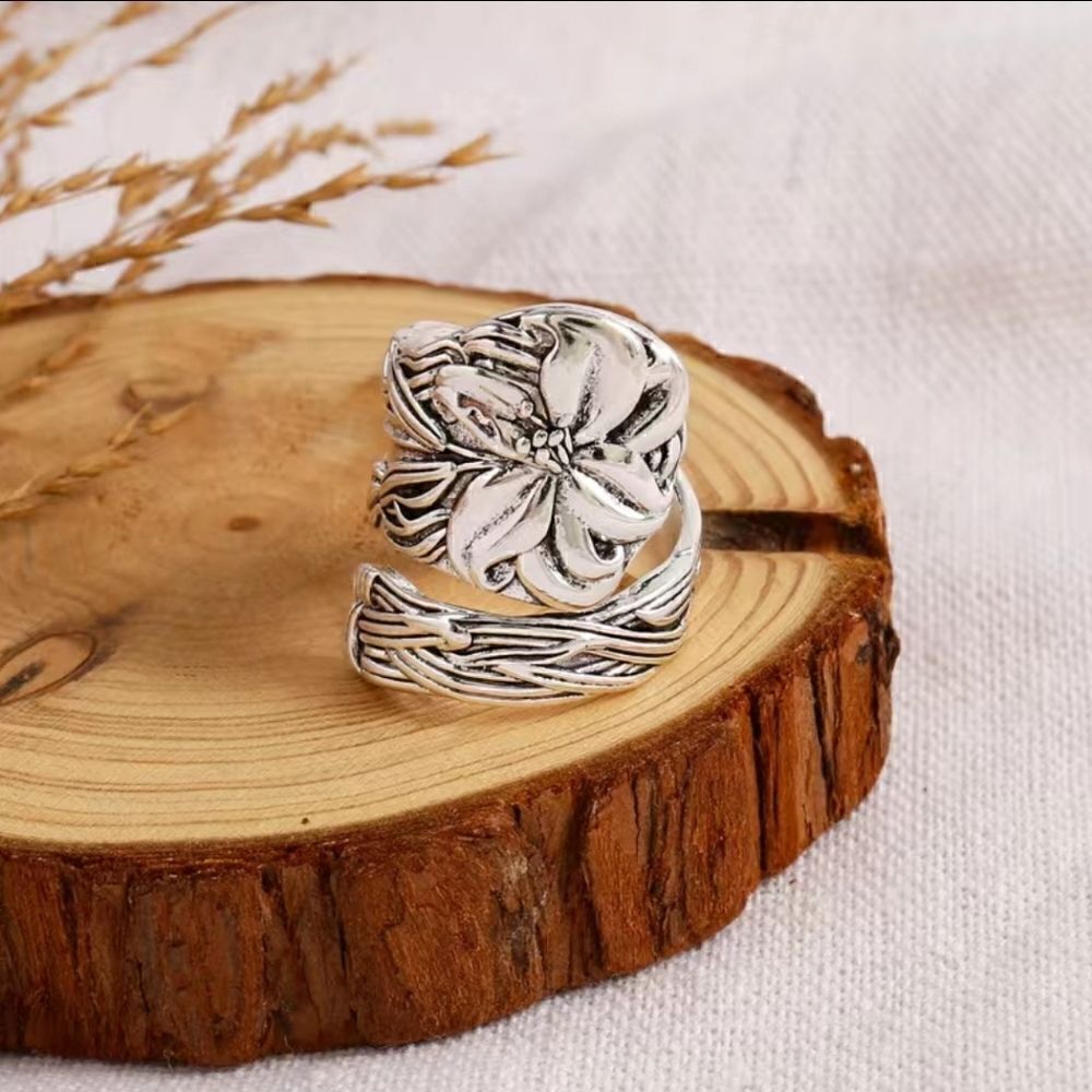 Vintage Style 925 Silver Plated Spoon Ring Floral Adjustable